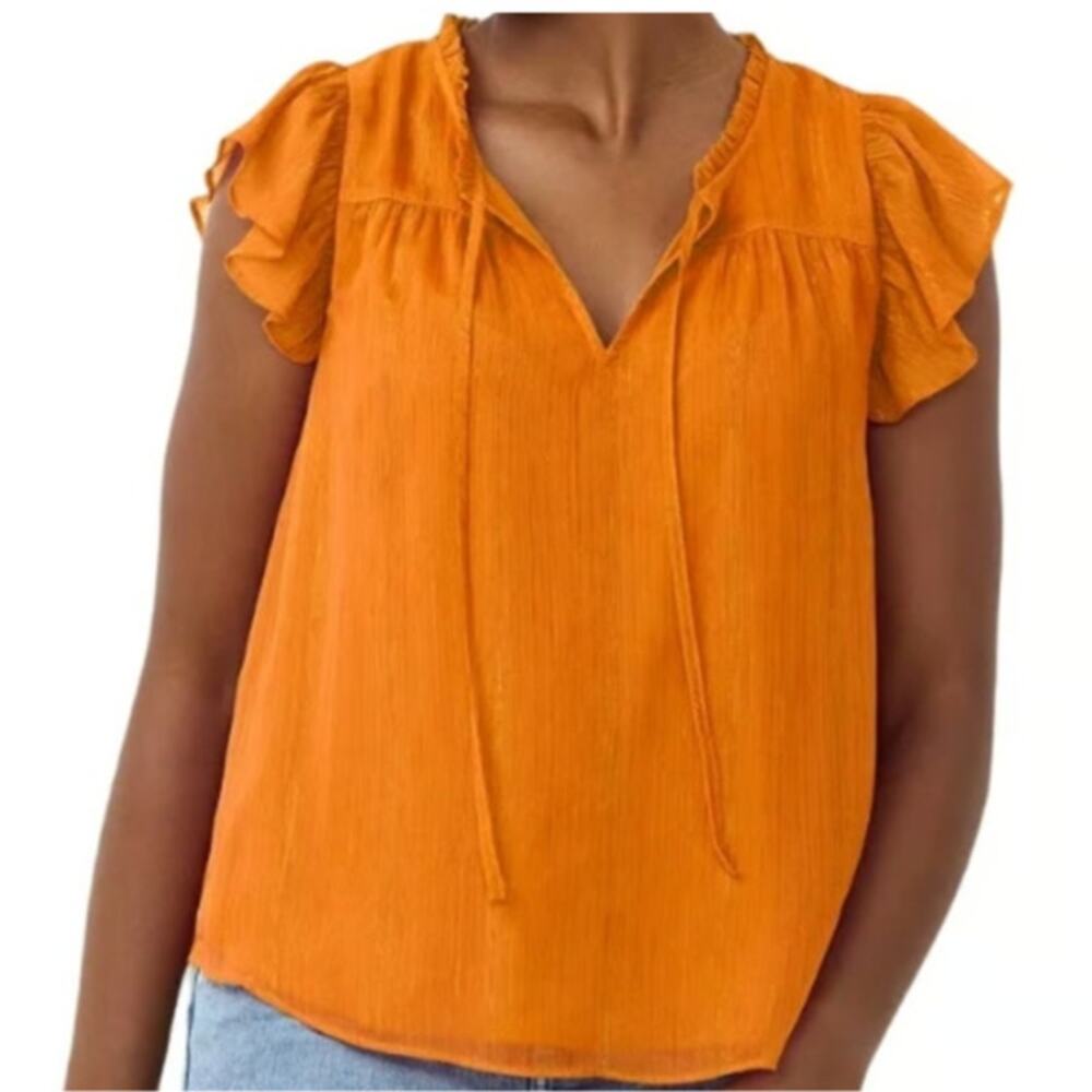 LC Lauren Conrad Orange Flutter Sleeve Tie Neck Blouse